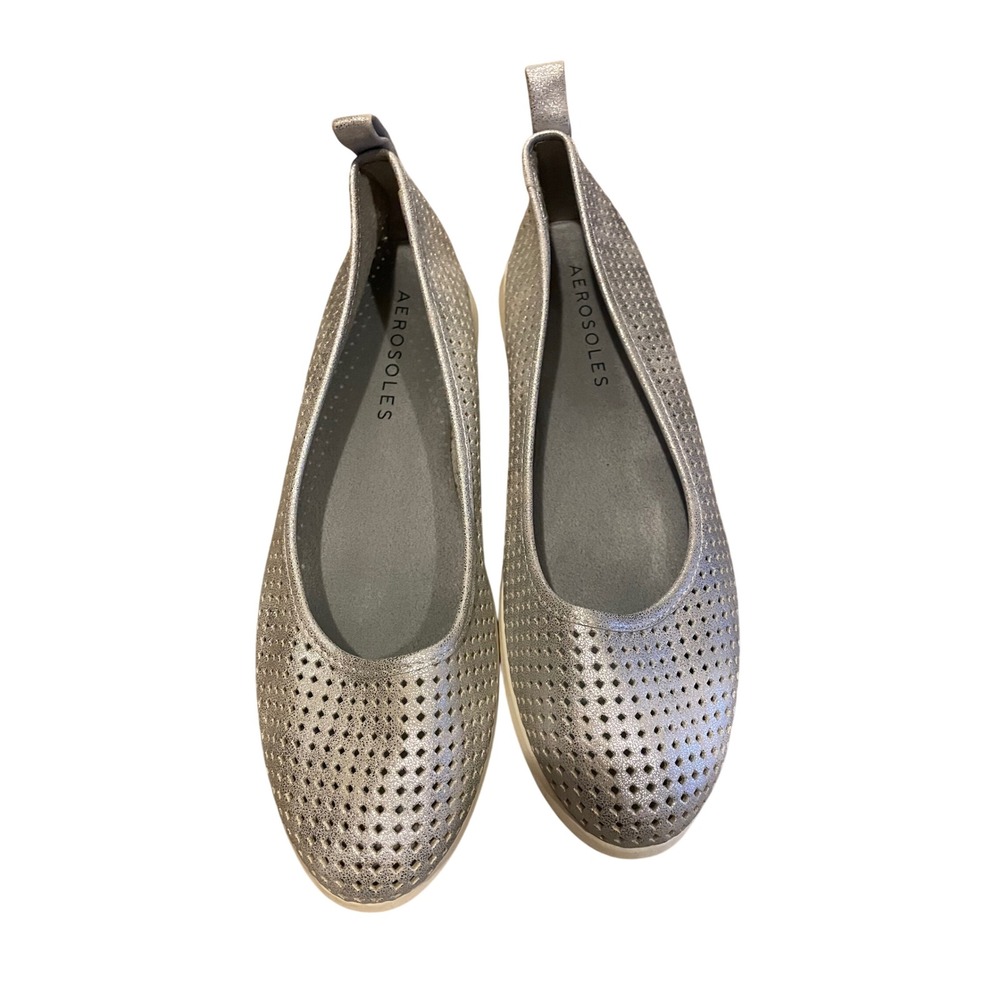 Aerosoles Bay Ridge Silver Metallic Perforated Ballet Flats Shoes Womens 9M